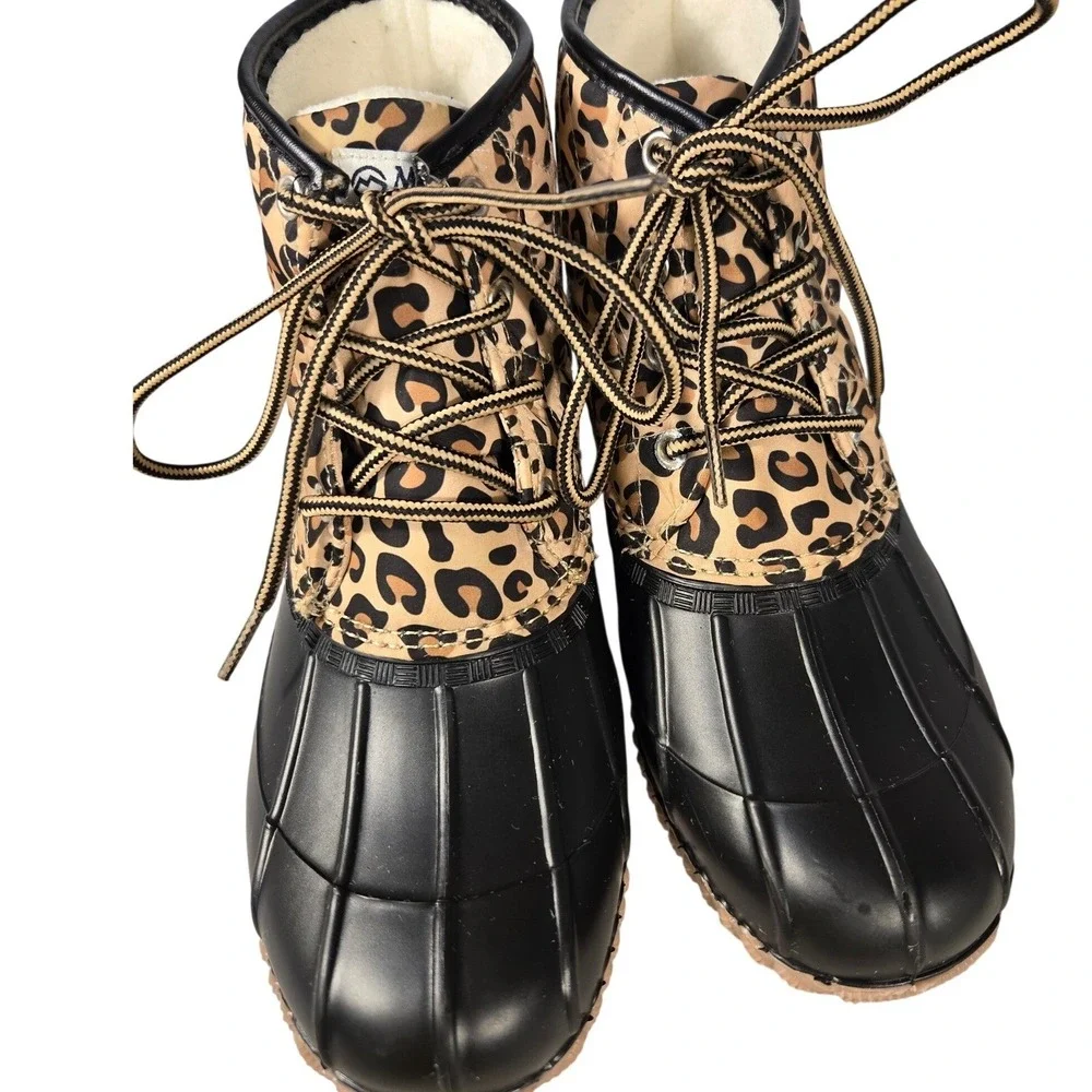 Magellan‎ Outdoors Womens Leopard Print Duck Boots Black Tan Lace Up 167828 Sz 8